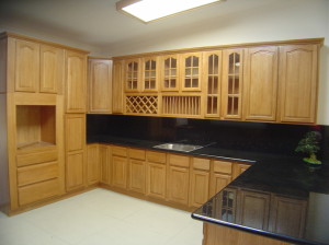 Light Wooden Cabinets Black Countertop White Floor Minimalist Look